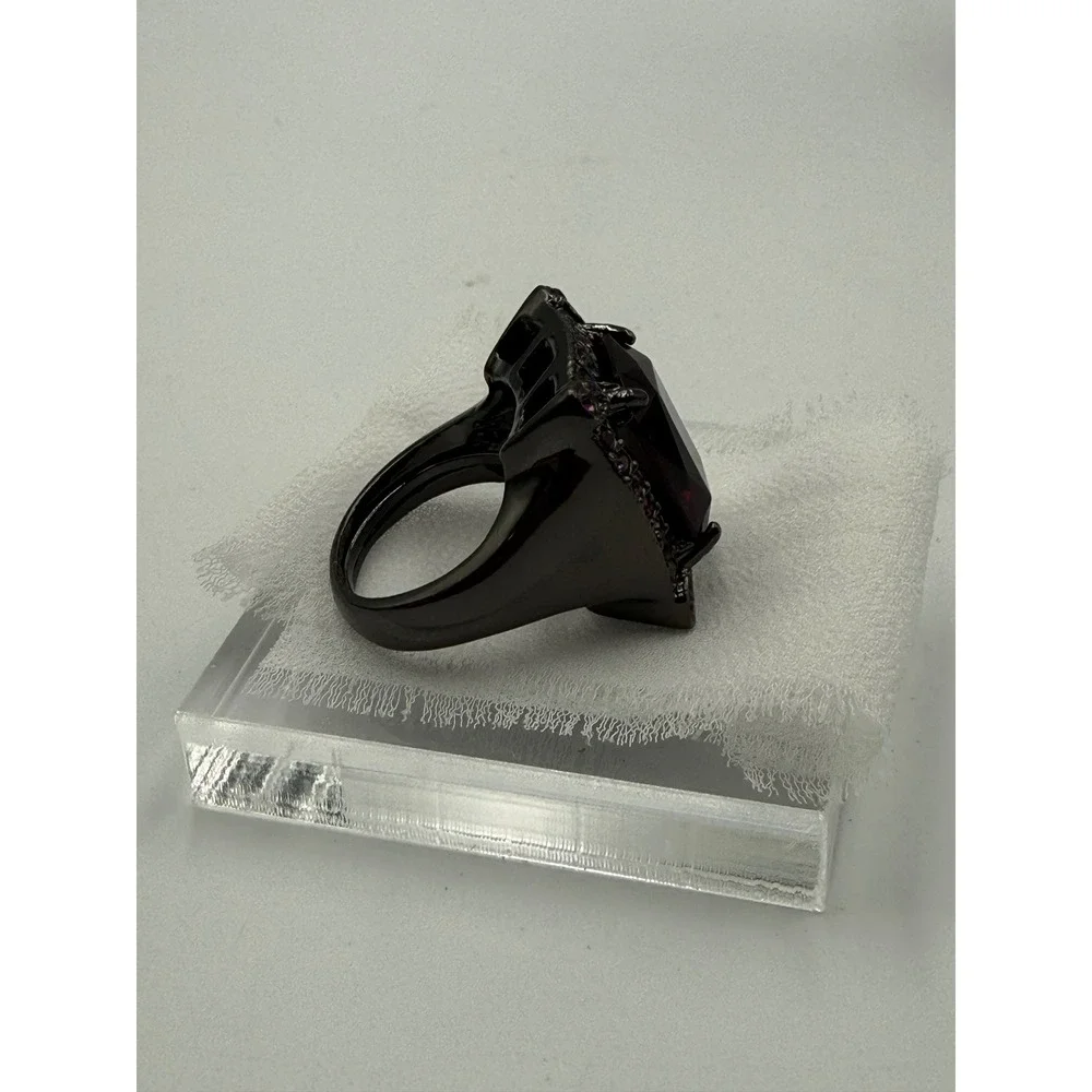 Gunmetal Purple Crystal Cocktail Ring Emerald Cut Statement Halo Size 7.5